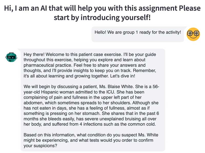 screenshot of a chat window with an a.i. where a group participating in a patient case learning activity is being guided by the a.i. assistant